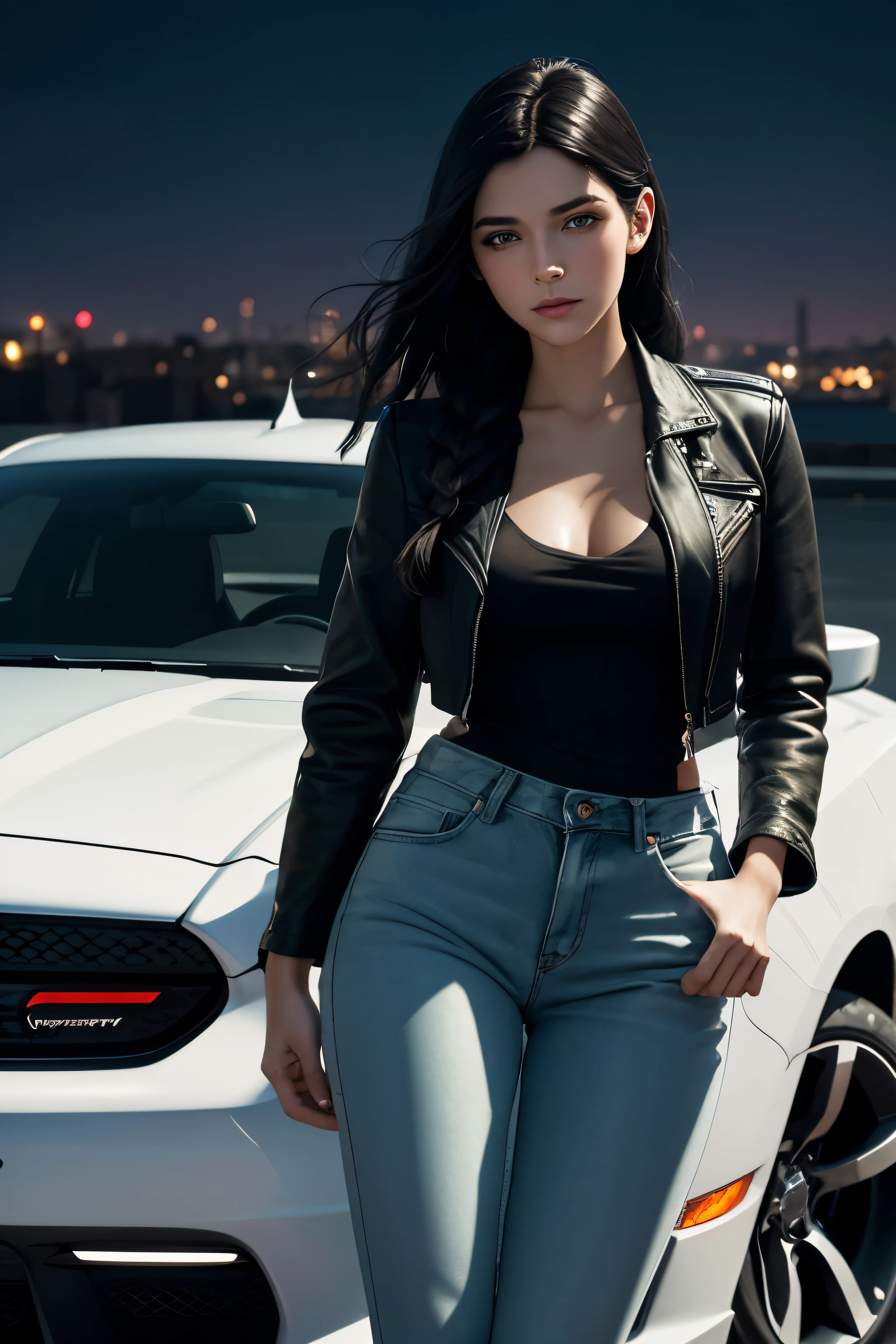 A young woman of twenty-five years old, leaning against a Dodge Charger car, looking at the horizon, black hair, tied in a long braid, almond-shaped eyes, green pupils, pale skin, slightly torn body, left arm wrapped in bands of cotton, light muscular body, wearing a black leather jacket, black jeans, white shirt, a city at night in the background, full body image, full illustration, 4k, sharp focus, watercolor, soft and smooth skin, symmetrical, soft lighting , detailed face, concept art, Octane rendering, 3D, perfect face, detailed face, delicate face, perfect sharp lips, detailed eyes. Craig Davison, Aubrey Beardsley, Conrad Roset, Aikut