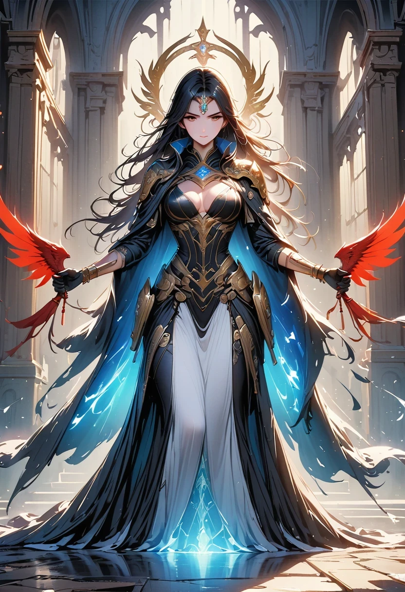 Holy church background,The messenger of hell descended the stairs,Arad woman in black dress,Gray cloak covers face,Bronze spiked armor,Majestic and mysterious,with a feeling,Holding a crimson sickle on the stairs,dark fantasy style art, Abaddon and Magallet Villeneuve, The blade reflects a strong red light,Backside light source,rim light,3 rendering,Unreal Engine,Render by Octane,8K resolution,masterpiece。Ultra-high detail,Award-winning
