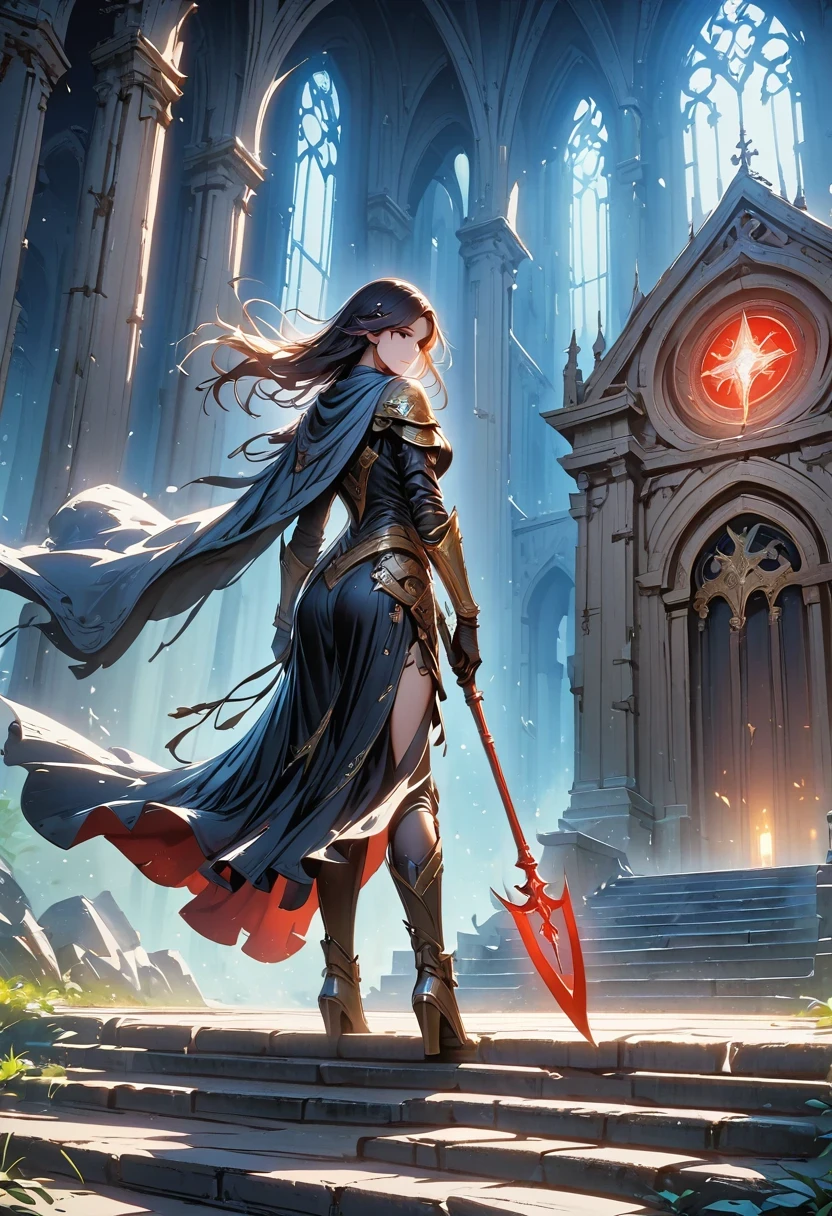 Holy church background,The messenger of hell descended the stairs,Arad woman in black dress,Gray cloak covers face,Bronze spiked armor,Majestic and mysterious,with a feeling,Holding a crimson sickle on the stairs,dark fantasy style art, Abaddon and Magallet Villeneuve, The blade reflects a strong red light,Backside light source,rim light,3 rendering,Unreal Engine,Render by Octane,8K resolution,masterpiece。Ultra-high detail,Award-winning