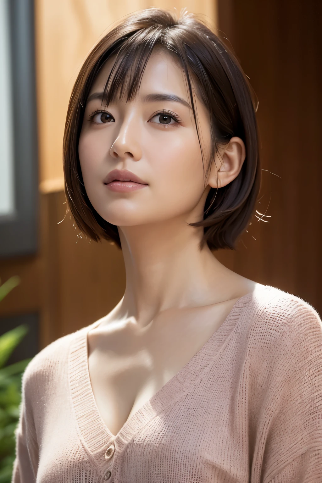 8K, highest quality, masterpiece, realistic, Photoreal, Super detailed, Natural light, Medium chest, I can see the cleavage, 1 Japanese woman, 35 years old, black hair, short hair, (Look up at the viewer from below), Pale pink light knit V-neck shirt, highly detailed face and skin, highly detailed eyes, highly detailed face and skin