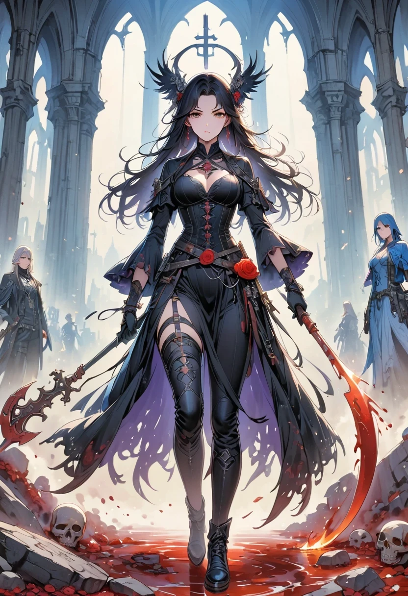 （Messenger from hell：1.4），(Rose field:1.3)，cross，one个巨大的Blood-sucking ghost，View of sickle from below，hell，magma，flame，（purple flame：1.3），There is fresh Blood on the ground，Blood pool，dripping Blood，Gothic aesthetics，one、Rose、castle、cross、Blood、Cemetery，gothic style的神秘、solemn and profound，gothic style，gothic style蕾丝的衣服、Rose symbolizes romance、grave、Blood-sucking ghost、witch、ruins、gothic cathedral，Gothic Symbol Series,Rose Garden