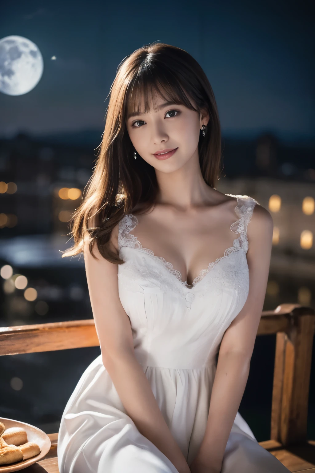 ((table top:1.4, highest quality)), (realistic pictures:1.4), 
((1 girl)), (Pure actress), (dream-like),
(超High resolution:1.2), very delicate and beautiful, wonderful, Highly detailed CG Unity 8K wallpaper, Super detailed, High resolution, 
soft light, beautiful detailed girl, highly detailed eyes and face, beautifully detailed nose, beautiful and detailed eyes, 
(wear a light white dress:1.3), (A girl full of mysterious beauty),
cinematic lighting, perfect anatomy, slender body, (parted bangs),
(sitting:1.3), (night view), (moon), (moon光の美しさ),
cowboy shot, looking at the viewer, smile
