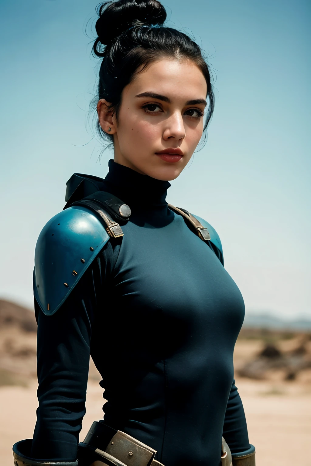 ((Best quality)), ((masterpiece)), (detailed), perfect face, 1girl, black hair bun, blue tight fallout vault suit, wasteland background, fallout 4, paolo roversi style, tim walker style, realistic, high quality, professional photography, photo by bella kotak, medium close up shot, cinematic lighting, dynamic pose
