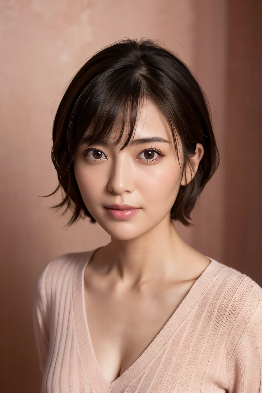 8K, highest quality, masterpiece, realistic, Photoreal, Super detailed, Natural light, Medium chest, I can see the cleavage, 1 Japanese woman, 35 years old, black hair, short hair, (Look up at the viewer from below), Pale pink light knit V-neck shirt, highly detailed face and skin, highly detailed eyes, highly detailed face and skin