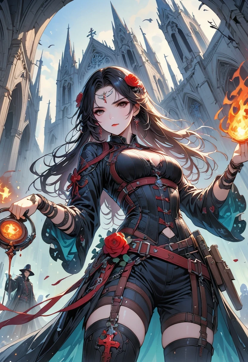(Messenger from hell:1.4),(Rose field:1.3),cross,one个巨大的Blood-sucking ghost,View of sickle from below,hell,magma,flame,(purple flame:1.3),There is fresh Blood on the ground,Blood pool,dripping Blood,Gothic aesthetics,one、Rose、castle、cross、Blood、Cemetery,gothic style的神秘、solemn and profound,gothic style,gothic style蕾丝的衣服、Rose symbolizes romance、grave、Blood-sucking ghost、witch、ruins、gothic cathedral,Gothic Symbol Series,Rose Garden