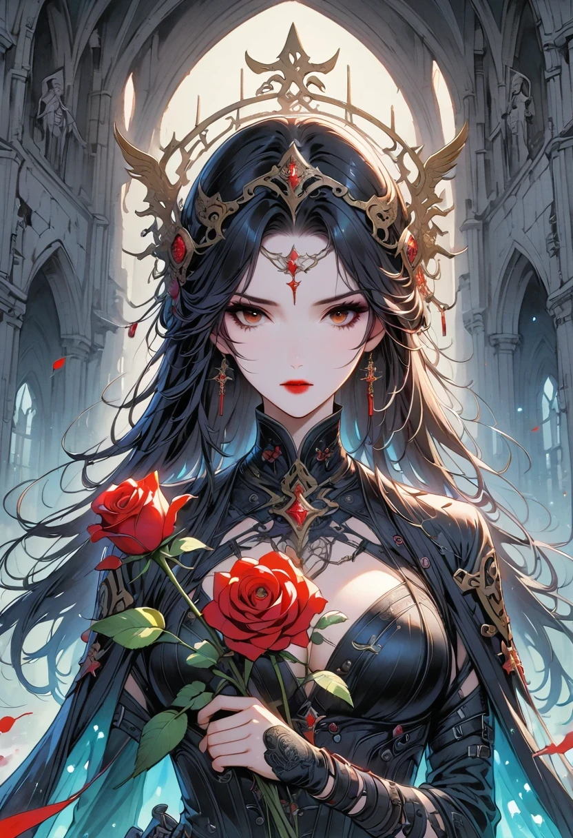 （Messenger from hell：1.4），(Rose field:1.3)，cross，一个巨大的Blood-sucking ghost，sickle，hell，magma，flame，（purple flame：1.3），There is fresh Blood on the ground，Blood pool，dripping Blood，Gothic aesthetics，Rose、castle、cross、Blood、Cemetery，gothic style的神秘、solemn and profound，gothic style，gothic style蕾丝的衣服、Rose symbolizes romance、grave、Blood-sucking ghost、witch、ruins、gothic cathedral，Gothic Symbol Series,Rose Garden