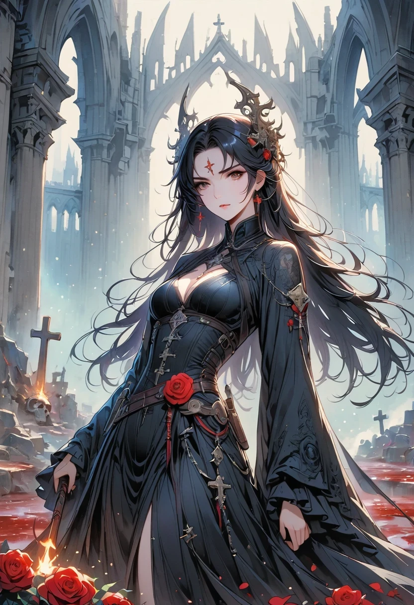 (Messenger from hell:1.4),(Rose field:1.3),cross,一个巨大的Blood-sucking ghost,sickle,hell,magma,flame,(purple flame:1.3),There is fresh Blood on the ground,Blood pool,dripping Blood,Gothic aesthetics,Rose、castle、cross、Blood、Cemetery,gothic style的神秘、solemn and profound,gothic style,gothic style蕾丝的衣服、Rose symbolizes romance、grave、Blood-sucking ghost、witch、ruins、gothic cathedral,Gothic Symbol Series,Rose Garden