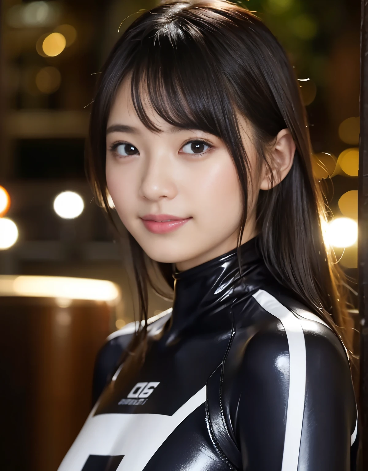 (1 girl)、highest quality、masterpiece、超A high resolution、(Photoreal:1.4)、Raw photo、1 girl、wet hair、hot、Sweat、(Wearing a skin-tight racing suit made of leather)、female rider、long sleeve,、(leather racing gloves)、Portrait、Shadow、octane rendering、8K、super sharp、Metal、intricate decorative details、Japan details、very intricate details、realistic light、(smile)、shining eyes、towards the camera、Small LED、Close-up