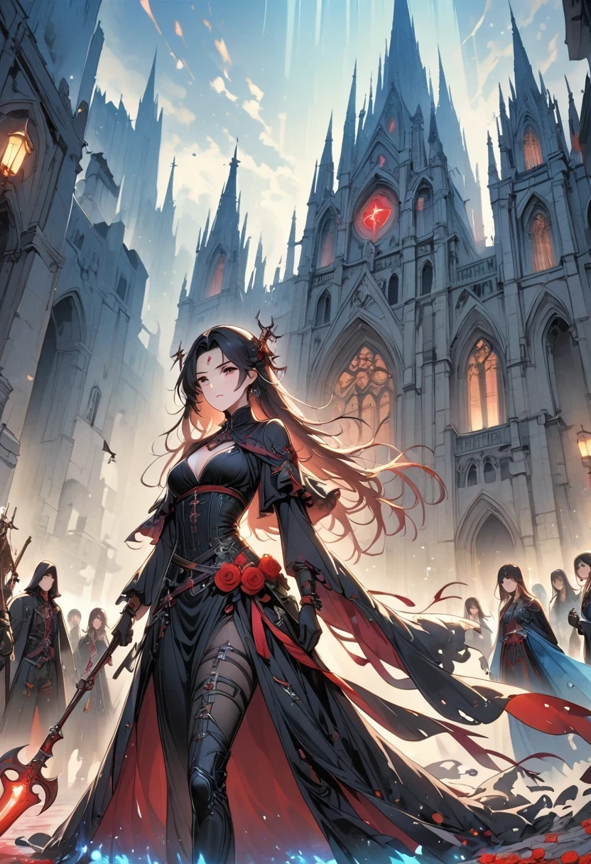 （Messenger from hell：1.4），(Rose field:1.3)，cross，one个巨大的Blood-sucking ghost，View of sickle from below，hell，magma，flame，（purple flame：1.3），There is fresh Blood on the ground，Blood pool，dripping Blood，Gothic aesthetics，one、Rose、castle、cross、Blood、Cemetery，gothic style的神秘、solemn and profound，gothic style，gothic style蕾丝的衣服、Rose symbolizes romance、grave、Blood-sucking ghost、witch、ruins、gothic cathedral，Gothic Symbol Series,Rose Garden