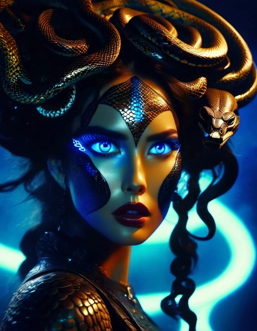 in style of Light painting, in style of Screenprint, beautiful detailed哥特风格红色，Greek mythology Medusa wearing a very strange costume），（human head snake body），（Hair made of countless snakes），（snake scale skin：1.2），Black smoky makeup，There is red blood in the corner of the eye，（A red, slender tongue protrudes from the open mouth.：1.35），Blue seductive eyes，（In the foreground is the blue laser aurora emitting beams：0.3），complex clothing design, dreamworks animated bjork, james cameron avatar style, darkness is always there，Beauty and warmth come from darkness，Gorgeous model，There are also many snake scales growing on the black arms.，Thin figure，dead branches，Decadence scent，Alexander has a strong flavor of Gothic asceticism，gothic style，Savage growth，Optoelectronic style，science fiction，