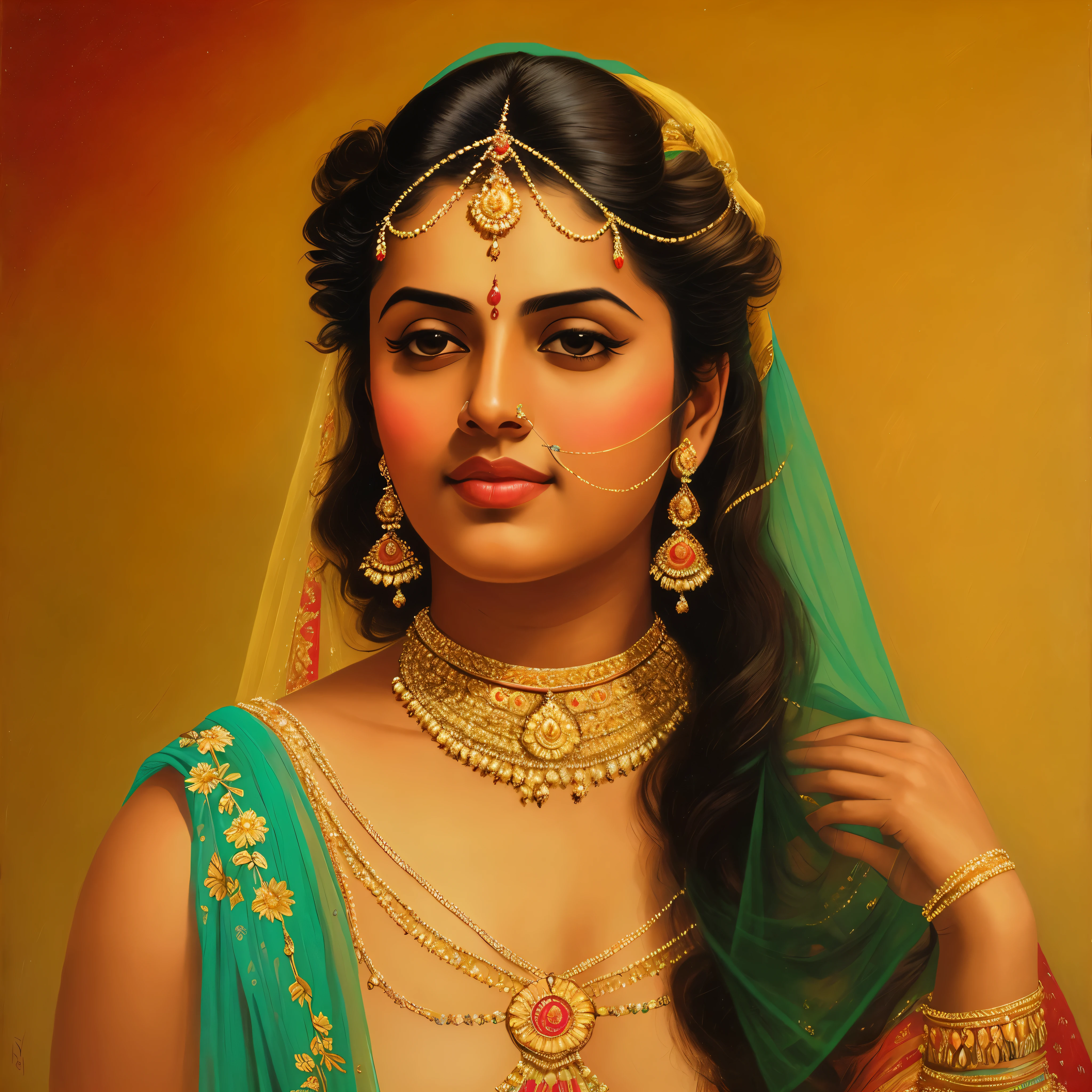 Reclining Nair Lady by artist Raja Ravi Varma, Realistic, 8K, ultra-detailed, intricate,Unreal Engine, midjourney art style impressionism, abstract, (oil painting , dry brushstrokes), negative space, vibrant colours, extremely beautiful lady, gorgeous, perfect thick healthy figure, 