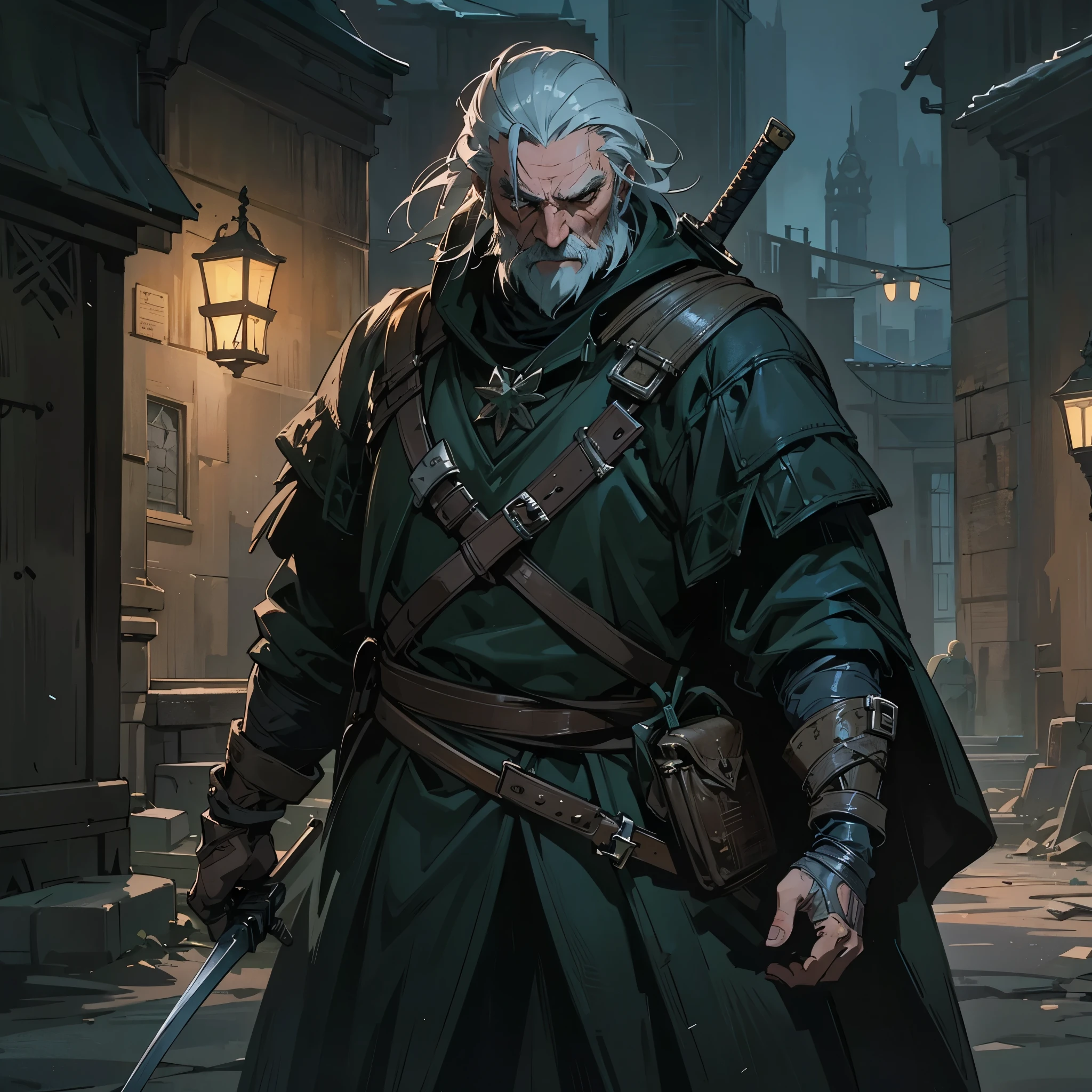 a middle-aged man，European medieval witcher，in the dark night，Wearing a black night coat，Carrying a large sword behind his back，There&#39;s a gun stuck in his waist，Walking on a deserted street。Medium shot composition，full body picture，characters and scenes，Game concept art style，Anime illustration style，watercolor style，Marker style，high-definition，4k。