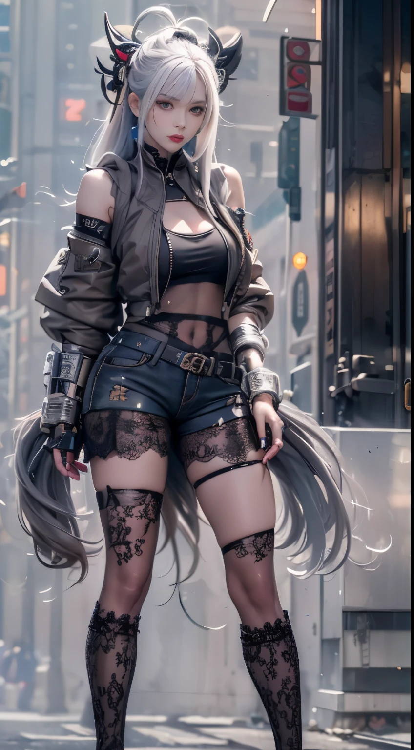masterpiece,best quality,high resolution, 1 plump girl,from below,(The legs are very thin and straight)，,(legs are very long，straight legs),,High heel,long legs,stood up, Leg length when viewed from the front, Perfect body,Have perfect legs,(lure)，Full body female love，cyberpunk characters，dynamic poses，1 plump girl，exquisite eyes，brown eyes，eye shadow，make up，long gray hair， Detailed faces， delicate eyes， looking at the audience， blush blush\（make up\）， full lips， red lips，（long gray hair：1.3）， （stood up）mechanical static，Mechanical Summons，(hair accessories:1.1)，((((lace ，short shorts))))，(black stockings)，City，Luminous winding，，cyberpunk lamp:1.1)，neon lights，Fully mechanical and futuristic elements，technology，背景是一条中国传统的street，China Town， street， sky sky， cyberpunk characters， paper lantern， neon lights超分辨率，（Realism：1.3），1（Slim：1.2），dramatic lighting，Vibrant details，Luxury Cyberpunk，complex background，