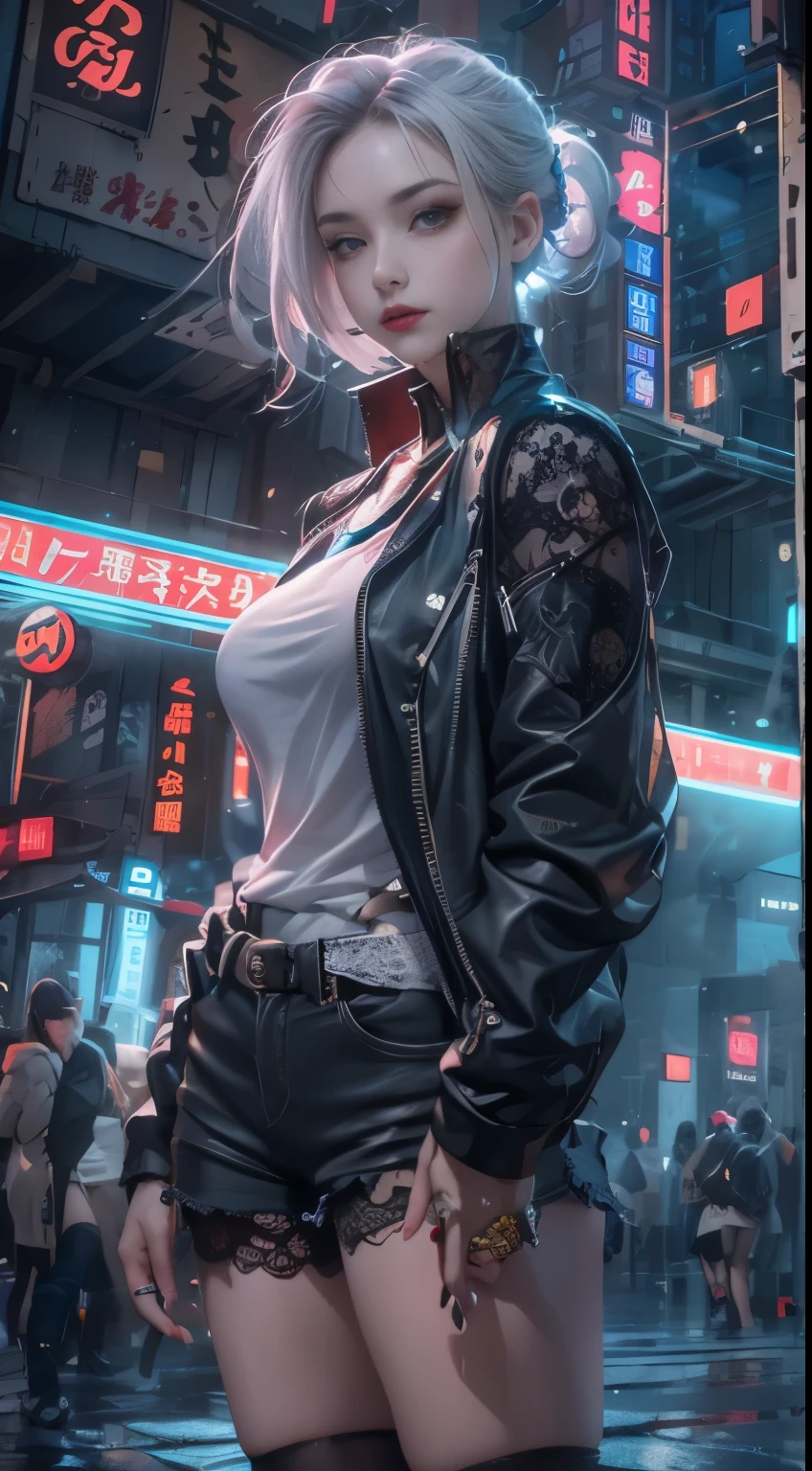 masterpiece,best quality,high resolution, 1 plump girl,from below,(The legs are very thin and straight)，,(legs are very long，straight legs),,High heel,long legs,stood up, Leg length when viewed from the front, Perfect body,Have perfect legs,(lure)，Full body female love，cyberpunk characters，dynamic poses，1 plump girl，exquisite eyes，brown eyes，eye shadow，make up，long gray hair， Detailed faces， delicate eyes， looking at the audience， blush blush\（make up\）， full lips， red lips，（long gray hair：1.3）， （stood up）mechanical static，Mechanical Summons，(hair accessories:1.1)，((((lace ，short shorts))))，(black stockings)，City，Luminous winding，，cyberpunk lamp:1.1)，neon lights，Fully mechanical and futuristic elements，technology，背景是一条中国传统的street，China Town， street， sky sky， cyberpunk characters， paper lantern， neon lights超分辨率，（Realism：1.3），1（Slim：1.2），dramatic lighting，Vibrant details，Luxury Cyberpunk，complex background，