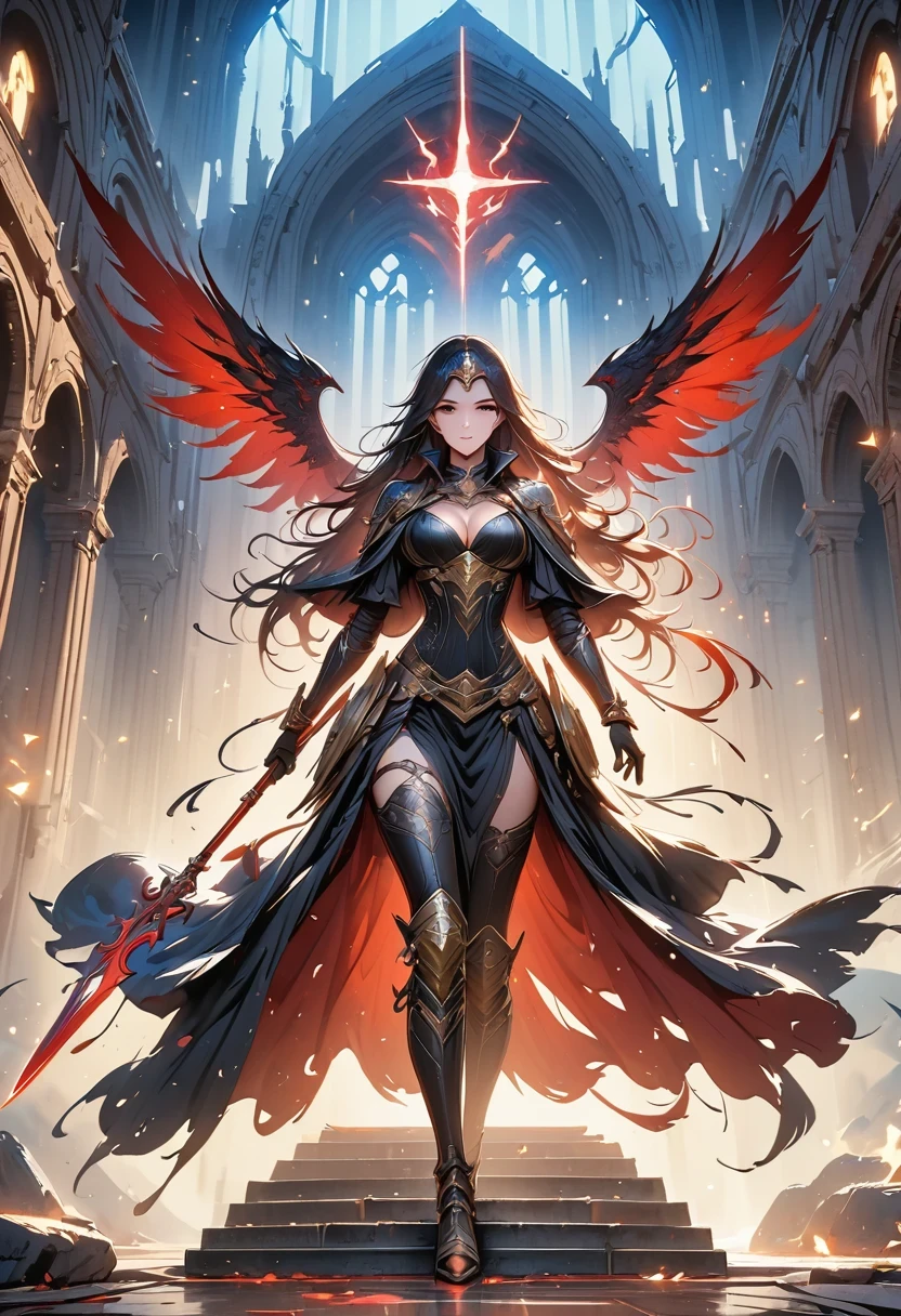 Holy church background，The messenger of hell descended the stairs，Arad woman in black dress，Gray cloak covers face，Bronze spiked armor，Majestic and mysterious，with a feeling，Holding a crimson sickle on the stairs，dark fantasy style art, Abaddon and Magallet Villeneuve, The blade reflects a strong red light，Backside light source，rim light，3 rendering，Unreal Engine，Render by Octane，8K resolution，masterpiece。Ultra-high detail，Award-winning