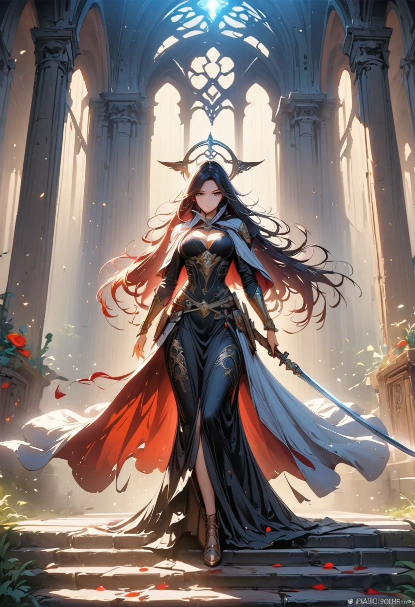 Holy church background，The messenger of hell descended the stairs，Arad woman in black dress，Gray cloak covers face，Bronze spiked armor，Majestic and mysterious，with a feeling，Holding a crimson sickle on the stairs，dark fantasy style art, Abaddon and Magallet Villeneuve, The blade reflects a strong red light，Backside light source，rim light，3 rendering，Unreal Engine，Render by Octane，8K resolution，masterpiece。Ultra-high detail，Award-winning
