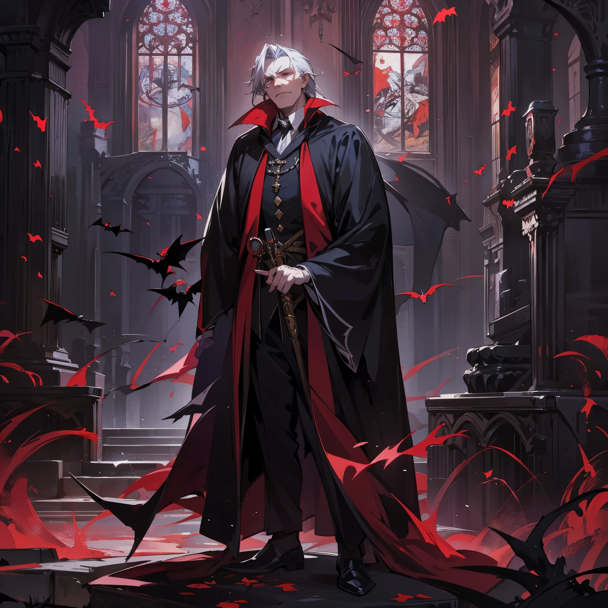 A handsome middle-aged man with a pale face，vampire，European Medieval Jazz，count，Dressed in a red and black robe，Boss，There is a cape on the back，Standing alone in the dark castle，expression，The surrounding environment is night，There are many bats around。Medium shot composition，full body pictures，Characters and scenes，Anime illustration style，watercolor style，HD，4K。