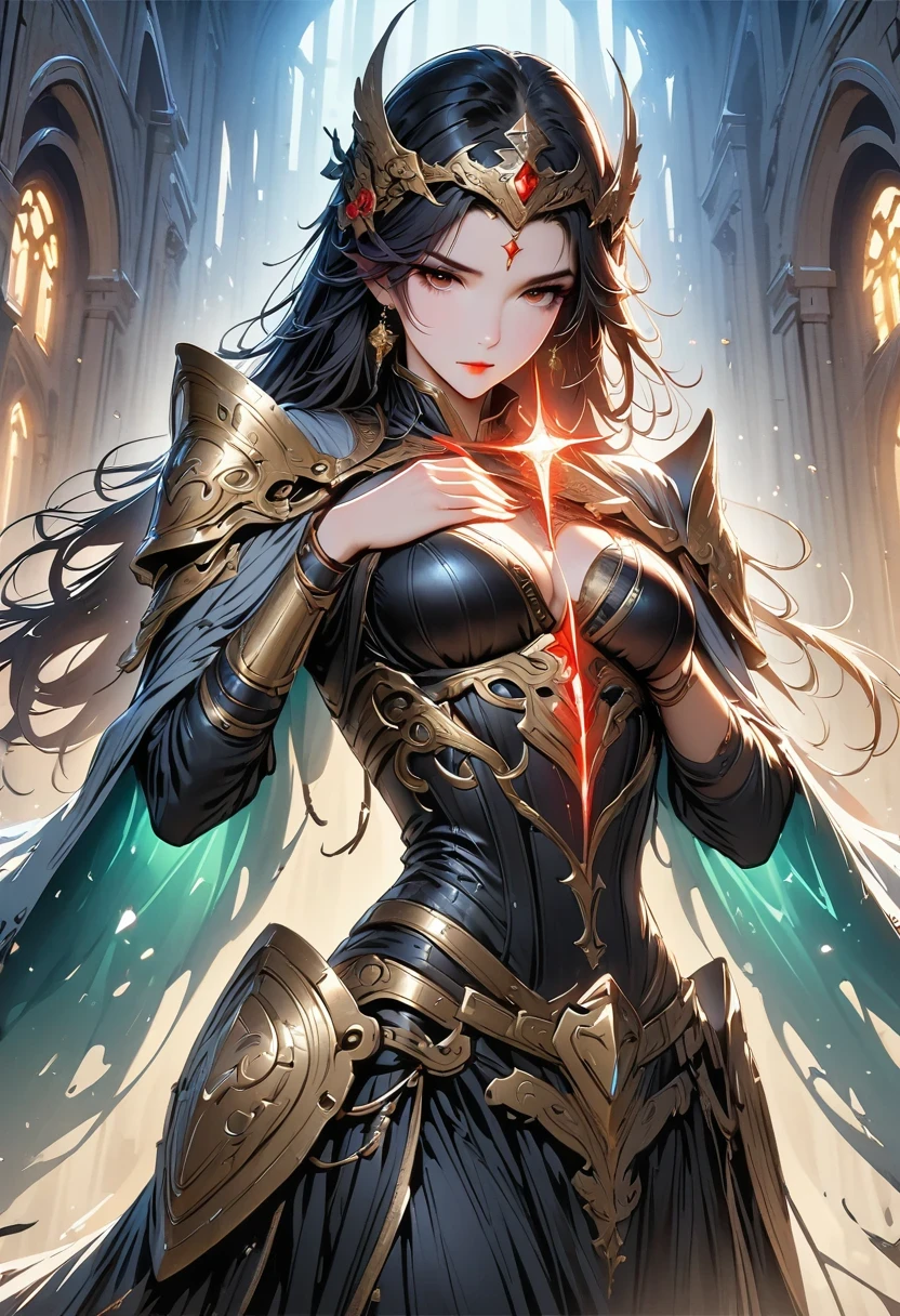 Holy church background，The messenger of hell descended the stairs，Arad woman in black dress，Gray cloak covers face，Bronze spiked armor，Majestic and mysterious，with a feeling，Holding a crimson sickle on the stairs，dark fantasy style art, Abaddon and Magallet Villeneuve, The blade reflects a strong red light，Backside light source，rim light，3 rendering，Unreal Engine，Render by Octane，8K resolution，masterpiece。Ultra-high detail，Award-winning