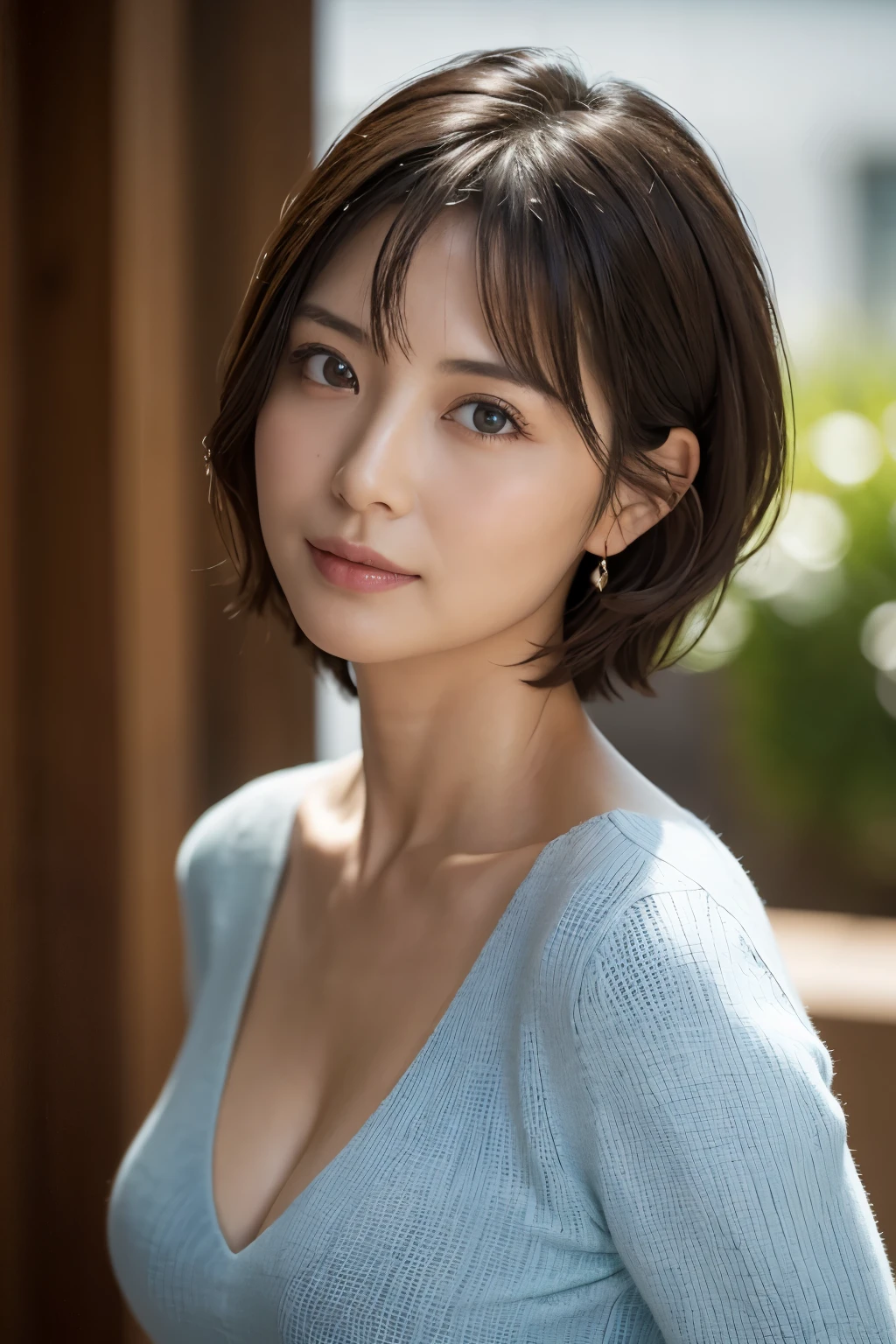 8K, highest quality, masterpiece, realistic, Photoreal, Super detailed, Natural light, Medium chest, I can see the cleavage, 1 Japanese woman, 35 years old, black hair, short hair, (Looking up at the viewer from below), Pale blue light knit V-neck shirt, highly detailed face and skin, highly detailed eyes, highly detailed face and skin