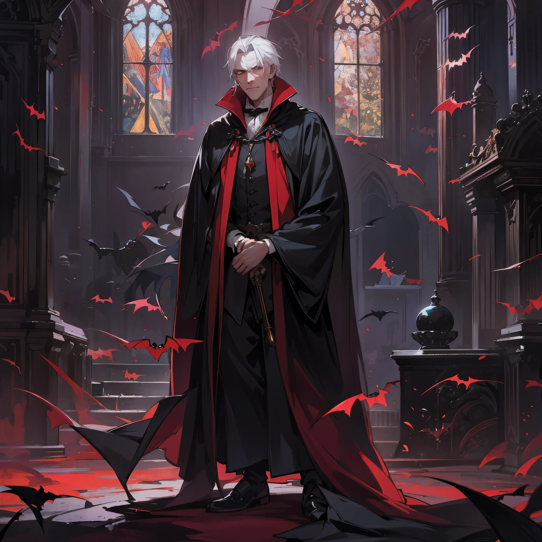 A handsome middle-aged man with a pale face,vampire,European Medieval Jazz,count,Dressed in a red and black robe,Boss,There is a cape on the back,Standing alone in the dark castle,expression,The surrounding environment is night,There are many bats around。Medium shot composition,full body pictures,Characters and scenes,Anime illustration style,watercolor style,HD,4K。