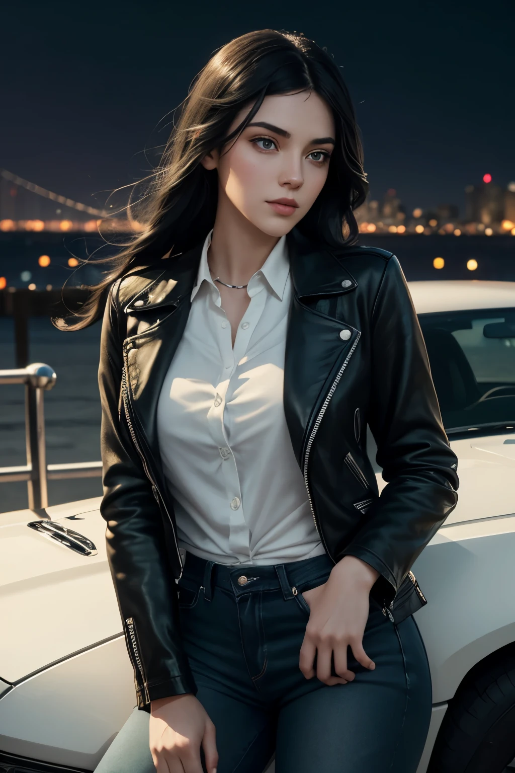 A young woman of twenty-five, leaning against the front of a Dodge Charger car, looking at the horizon, black hair, tied in a long braid, almond-shaped eyes, green pupils, pale skin, slightly torn body, left arm wrapped in bands of cotton, light, muscular body, wearing a black leather jacket, black jeans, white shirt, a city at night in the background, full body image, full illustration, 4k, sharp focus, watercolor, soft and smooth skin, symmetrical, smooth lighting, detailed face, concept art, Octane rendering, 3D, perfect face, detailed face, delicate face, perfect sharp lips, detailed eyes. Craig Davison, Aubrey Beardsley, Conrad Roset, Aikut