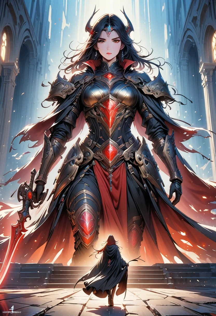 Holy church background,The messenger of hell descended the stairs,Arad woman in black dress,Gray cloak covers face,Bronze spiked armor,Majestic and mysterious,with a feeling,Holding a crimson sickle on the stairs,dark fantasy style art, Abaddon and Magallet Villeneuve, The blade reflects a strong red light,Backside light source,rim light,3 rendering,Unreal Engine,Render by Octane,8K resolution,masterpiece。Ultra-high detail,Award-winning