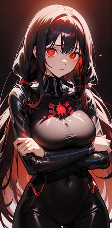 Realistic、1girl、(black hair red hair gradient hair:1.3)、(long hair,low twintails),red eyes、(glowing eyes:1.3)、(leaning forward)、open stance,(breast hold)、(middle hair),(breast focus:1.3,upper body),(enamel body suit:1.3
)、(clear face:1.3),cute face,(tareme:1.3),(huge breasts),(dark color background:1.5)
