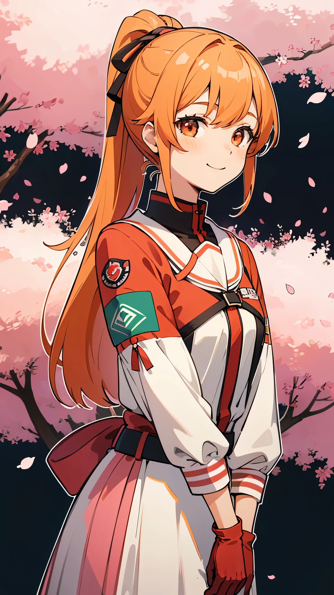 (highest quality、Extra fine、genuine)、Genki girl、anime high school girl、small breasts、riders jacket、orange hair、ponytail、red round eyes、From the side、gloves、bright smile、stand in front of a cherry tree、upper body close-up、cherry blossom park、sharp outline