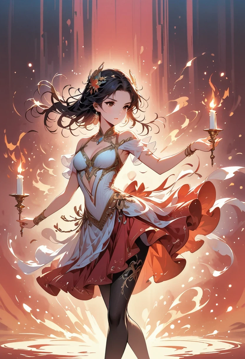 Candle, red background, digital art style, simple line illustration of the flame dancing with light and shadow, dancing ballerina silhouette, red background, cartoon, solid color background, texture, candlelight, warm atmosphere, mysterious feeling. The little girl is graceful in her dance posture. She dances gracefully under the soft glow of fire in the style of firelight.