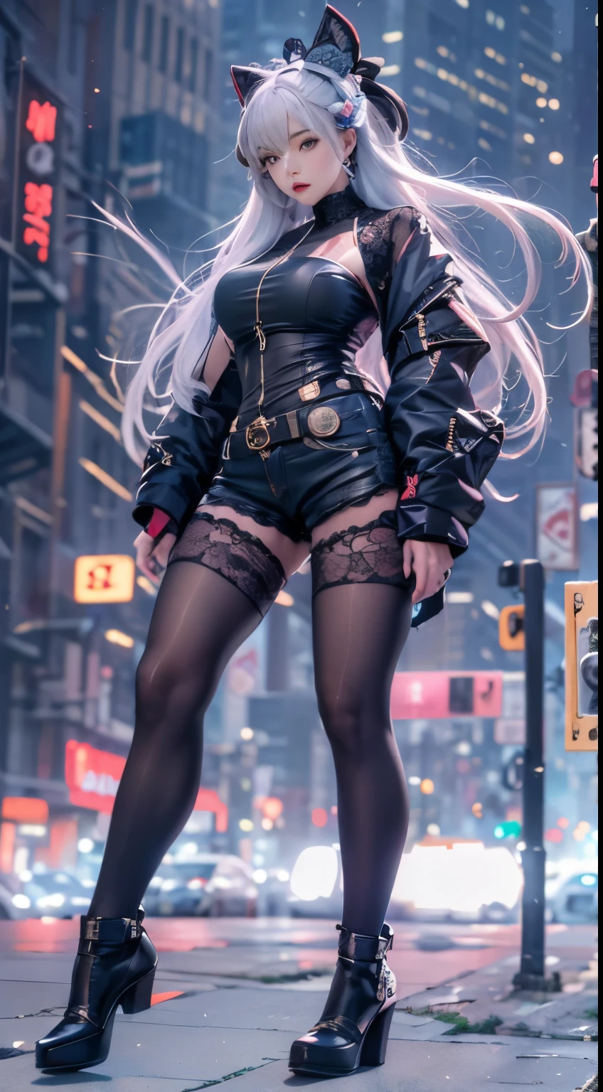 masterpiece,best quality,high resolution, 1 plump girl,from below,(The legs are very thin and straight),,(legs are very long,straight legs),,High heel,long legs,stood up, Leg length when viewed from the front, Perfect body,Have perfect legs,(lure),Full body female love,cyberpunk characters,dynamic poses,1 plump girl,exquisite eyes,brown eyes,eye shadow,make up,long gray hair, Detailed faces, delicate eyes, looking at the audience, blush blush\(make up\), full lips, red lips,(long gray hair:1.3), (stood up)mechanical static,Mechanical Summons,(hair accessories:1.1),((((lace ,short shorts)))),(black stockings),City,Luminous winding,,cyberpunk lamp:1.1),neon lights,Fully mechanical and futuristic elements,technology,背景是一条中国传统的street,China Town, street, sky sky, cyberpunk characters, paper lantern, neon lights超分辨率,(Realism:1.3),1(Slim:1.2),dramatic lighting,Vibrant details,Luxury Cyberpunk,complex background,