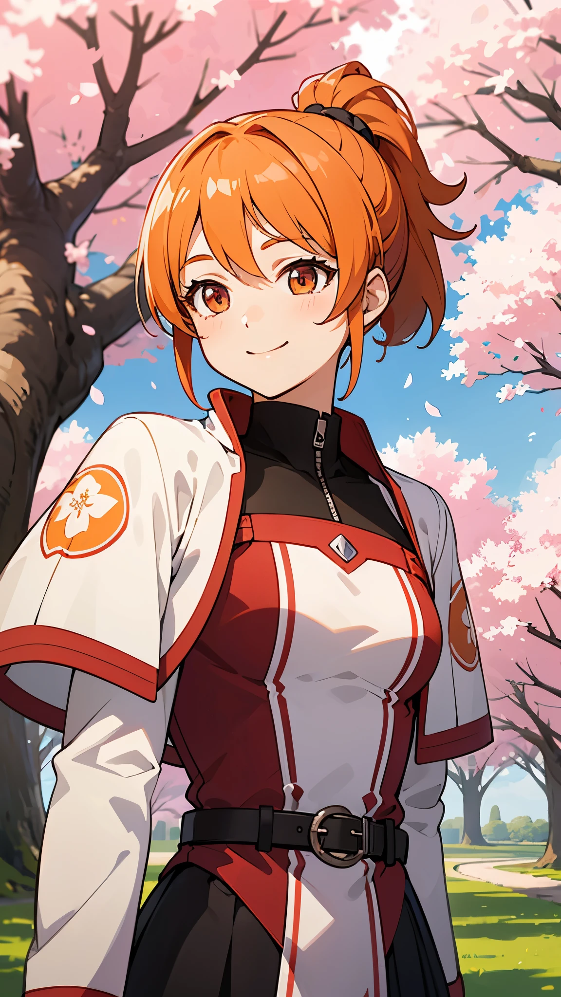 (highest quality、Extra fine、genuine)、Genki girl、anime high school girl、small breasts、riders jacket、orange hair、ponytail、red round eyes、From the side、gloves、bright smile、stand in front of a cherry tree、upper body close-up、cherry blossom park、sharp outline