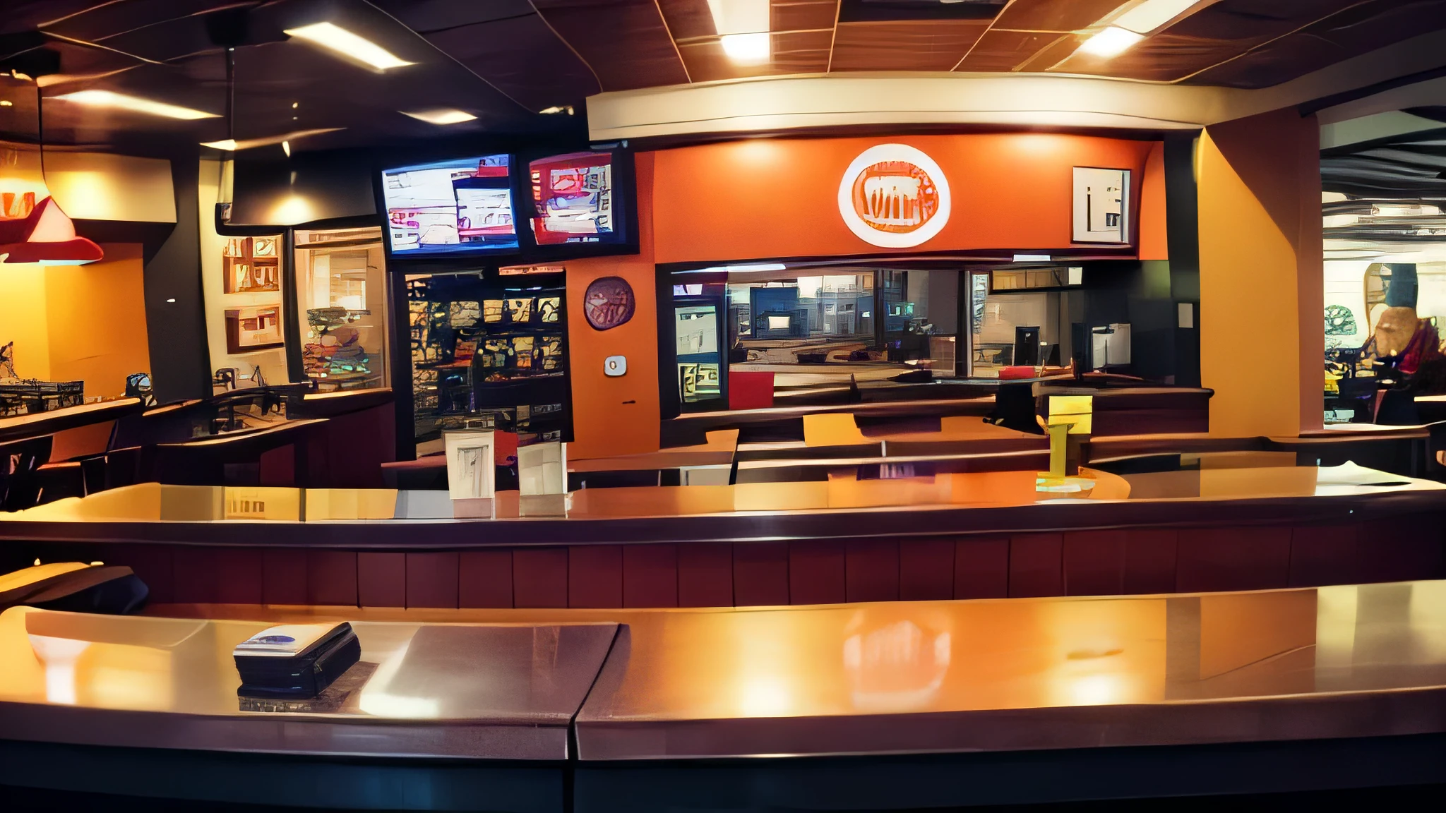 Inside of fast food restaurant. Full on straight view of counter.