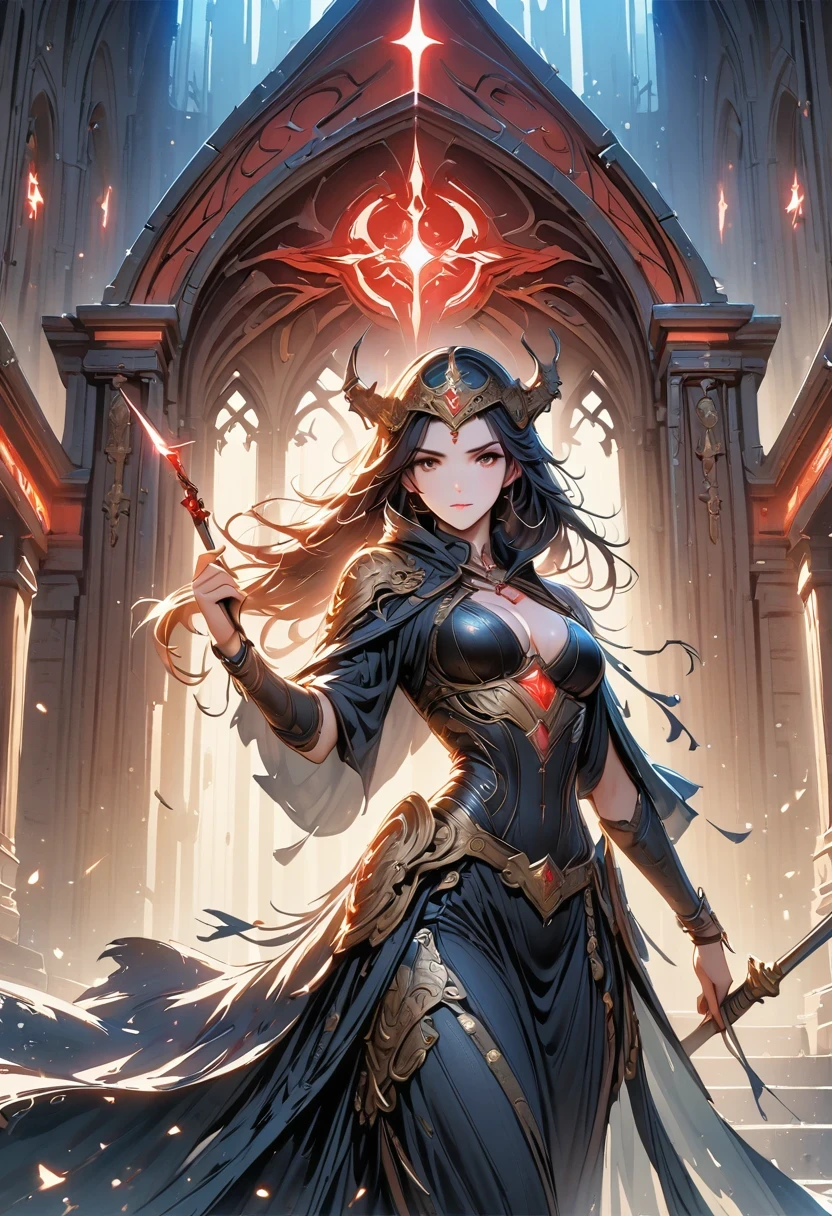 Holy church background，The messenger of hell descended the stairs，Arad woman in black dress，Gray cloak covers face，Bronze spiked armor，Majestic and mysterious，with a feeling，Holding a crimson sickle on the stairs，dark fantasy style art, Abaddon and Magallet Villeneuve, The blade reflects a strong red light，Backside light source，rim light，3 rendering，Unreal Engine，Render by Octane，8K resolution，masterpiece。Ultra-high detail，Award-winning