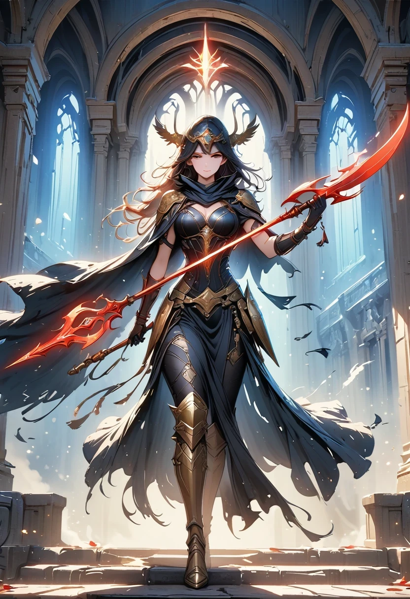 Holy church background,The messenger of hell descended the stairs,Arad woman in black dress,Gray cloak covers face,Bronze spiked armor,Majestic and mysterious,with a feeling,Holding a crimson sickle on the stairs,dark fantasy style art, Abaddon and Magallet Villeneuve, The blade reflects a strong red light,Backside light source,rim light,3 rendering,Unreal Engine,Render by Octane,8K resolution,masterpiece。Ultra-high detail,Award-winning