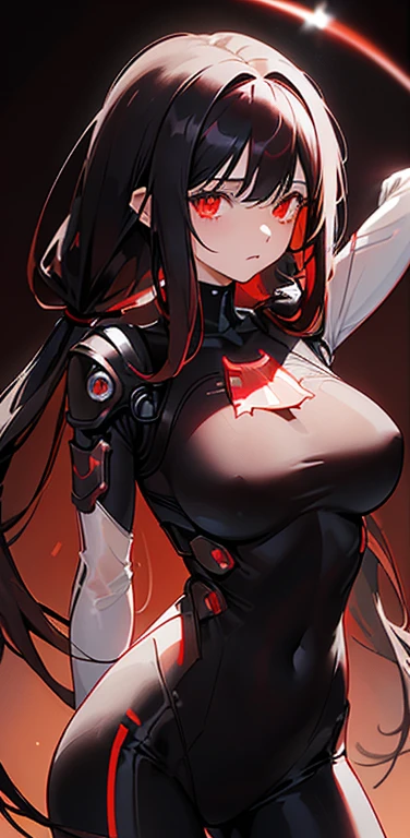 Realistic、1girl、(black hair red hair gradient hair:1.3)、(long hair,low twintails),red eyes、(glowing eyes:1.3)、(leaning forward)、open stance,(arms behind back)、(middle hair),(breast focus:1.3,upper body),(enamel body suit:1.3
)、(clear face:1.3),cute face,(tareme:1.3),(huge breasts),(dark color background:1.5)