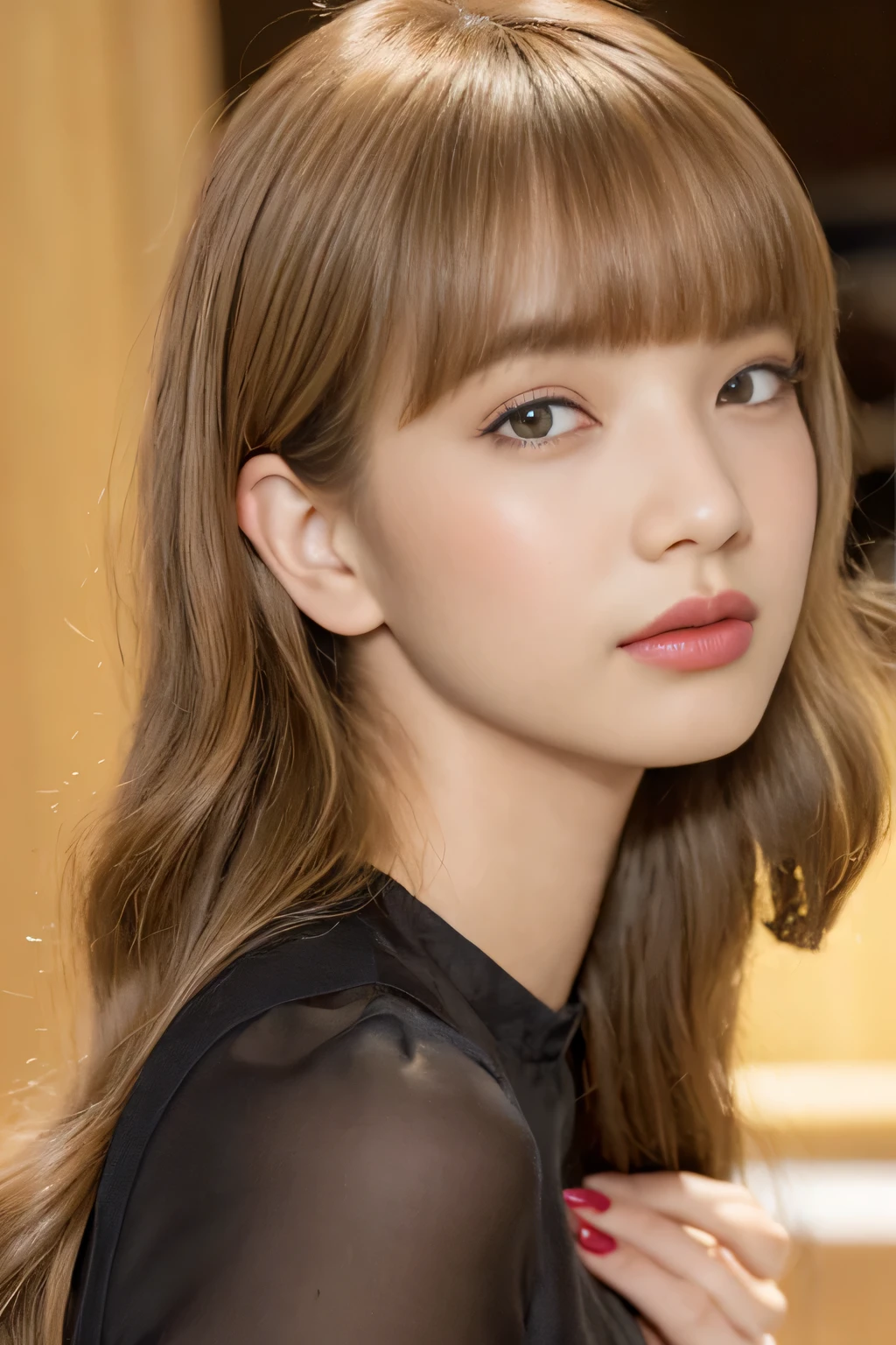 (side part, long rideau bang: 1.5),plunging neckline top, cheveux longs et sexy, highlighted blonde hair color, Maquillage glamour