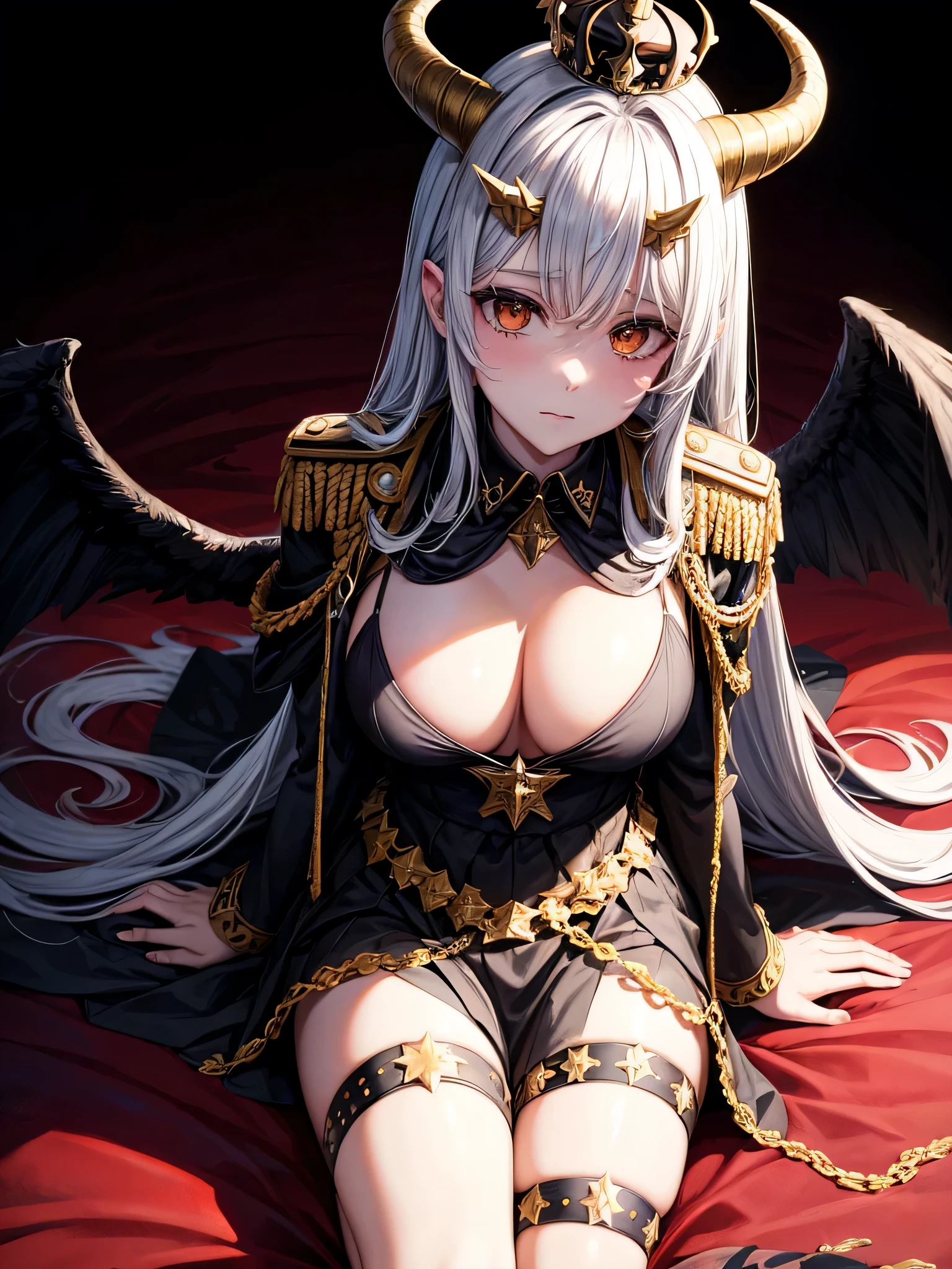 a sucubus with horns on her head and black wings she wears a military uniform decorated with medals and a crown on her head decorated with jewels