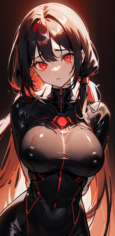 Realistic、1girl、(black hair red hair gradient hair:1.3)、(long hair,low twintails),red eyes、(glowing eyes:1.3)、(leaning forward)、open stance,(arms behind back)、(middle hair),(breast focus:1.3,upper body),(enamel body suit:1.3
)、(clear face:1.3),cute face,(tareme:1.3),(huge breasts),(dark color background:1.5)