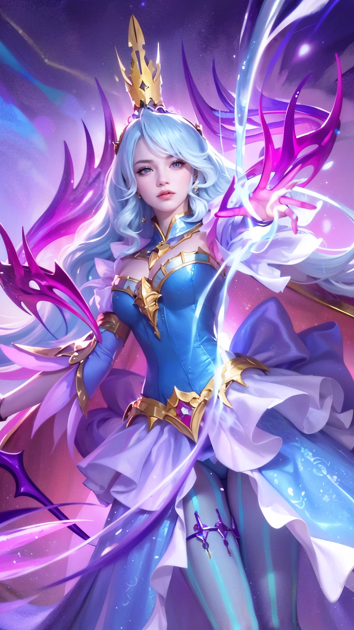 (8k, RAW photo, photorealistic:1.25) , red lipgloss, glosace, glossy skin, depth of field, chromatic aberration, caustics, Broad lighting, natural shading, a girl in a blue dress with a crown and a sword, beautiful celestial mage, mobile wallpaper, mystical atlantean valkyrie, ultra hd, ultra detailed texture, hyper realistic, detailed texture, detailed face, detailed skin, detailed lighting, best quality, beautiful lighting, cinematic lighting, professional lighting, ultra highres, realistic, detailed hair, real hair, white hair, high quality, (realskin:1.5), extremely detailed, finely detail, ultra-detailed, detail eyes, cinematic background, red eyes