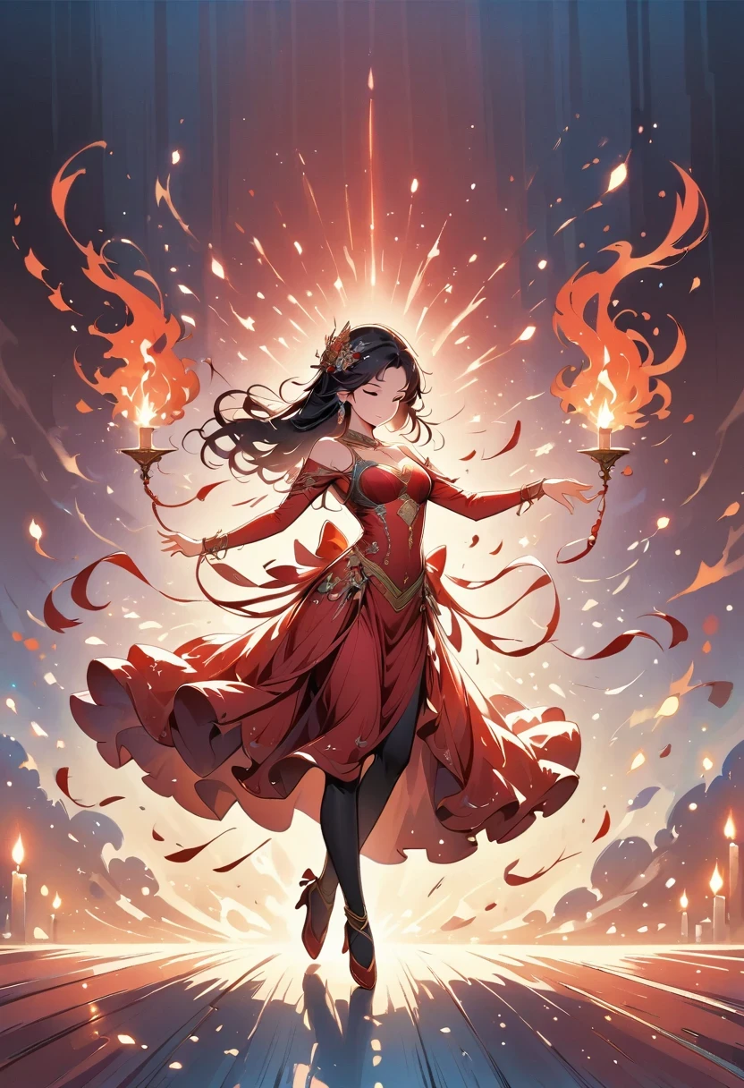 Candle, red background, digital art style, simple line illustration of the flame dancing with light and shadow, dancing ballerina silhouette, red background, cartoon, solid color background, texture, candlelight, warm atmosphere, mysterious feeling. The little girl is graceful in her dance posture. She dances gracefully under the soft glow of fire in the style of firelight.