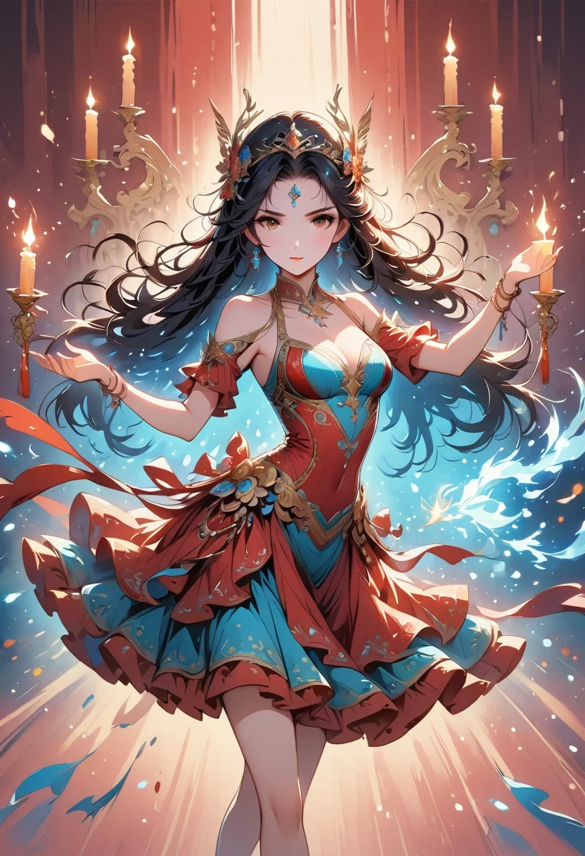 Candle, red background, digital art style, simple line illustration of the flame dancing with light and shadow, dancing ballerina silhouette, red background, cartoon, solid color background, texture, candlelight, warm atmosphere, mysterious feeling. The little girl is graceful in her dance posture. She dances gracefully under the soft glow of fire in the style of firelight.