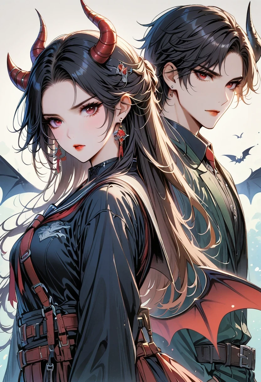 1 girl, 1 boy, horn, Uniforms, pointed ears, wing, earrings, Sefuku, jewelry, White background, Upper body, Red eyes, demon wing, demon horn, devil boy, Simple background, back to back, pink eyes, open lips, black Sefuku, brown hair, devil girl, black hair, looking at the audience, long hair, Xuelan