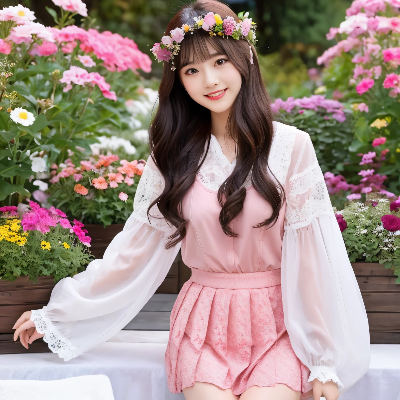best quality, masterpiece, lifelike, 1 girl, alone, eternal, Brunette, Fine long curly hair, blunt bangs, Smile, Pink skirt, Pink lolita dress, layered skirt, Lolita style long 裙子,分層連衣裙 lace-trimmed 裙子, decorate, lace, long sleeve, ???? sleeves, wide sleeves, Transparent sleeves, hair accessories, 在flower园里, flower, Detailed background,  delicate face，pink blush，white，knee socks, Pink shoes
