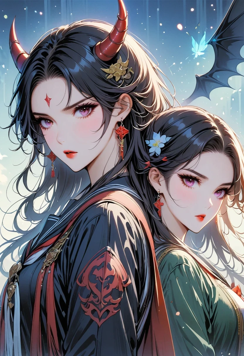 1 girl, 1 boy, horn, Uniforms, pointed ears, wing, earrings, Sefuku, jewelry, White background, Upper body, Red eyes, demon wing, demon horn, devil boy, Simple background, back to back, pink eyes, open lips, black Sefuku, brown hair, devil girl, black hair, looking at the audience, long hair, Xuelan