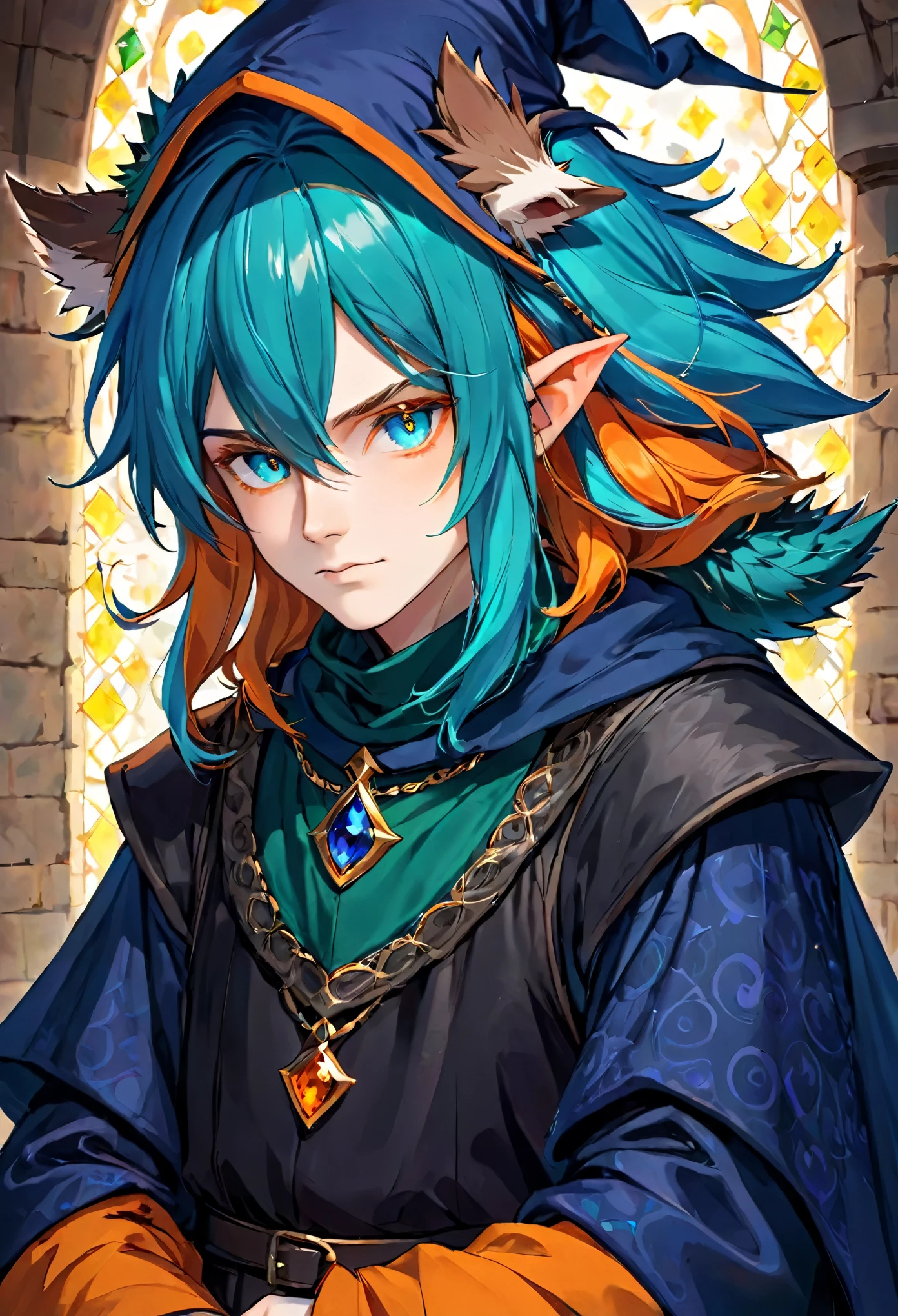 He was a man with hedgehog ears, blue and orange hair, medieval witch clothing, and emerald eyes.