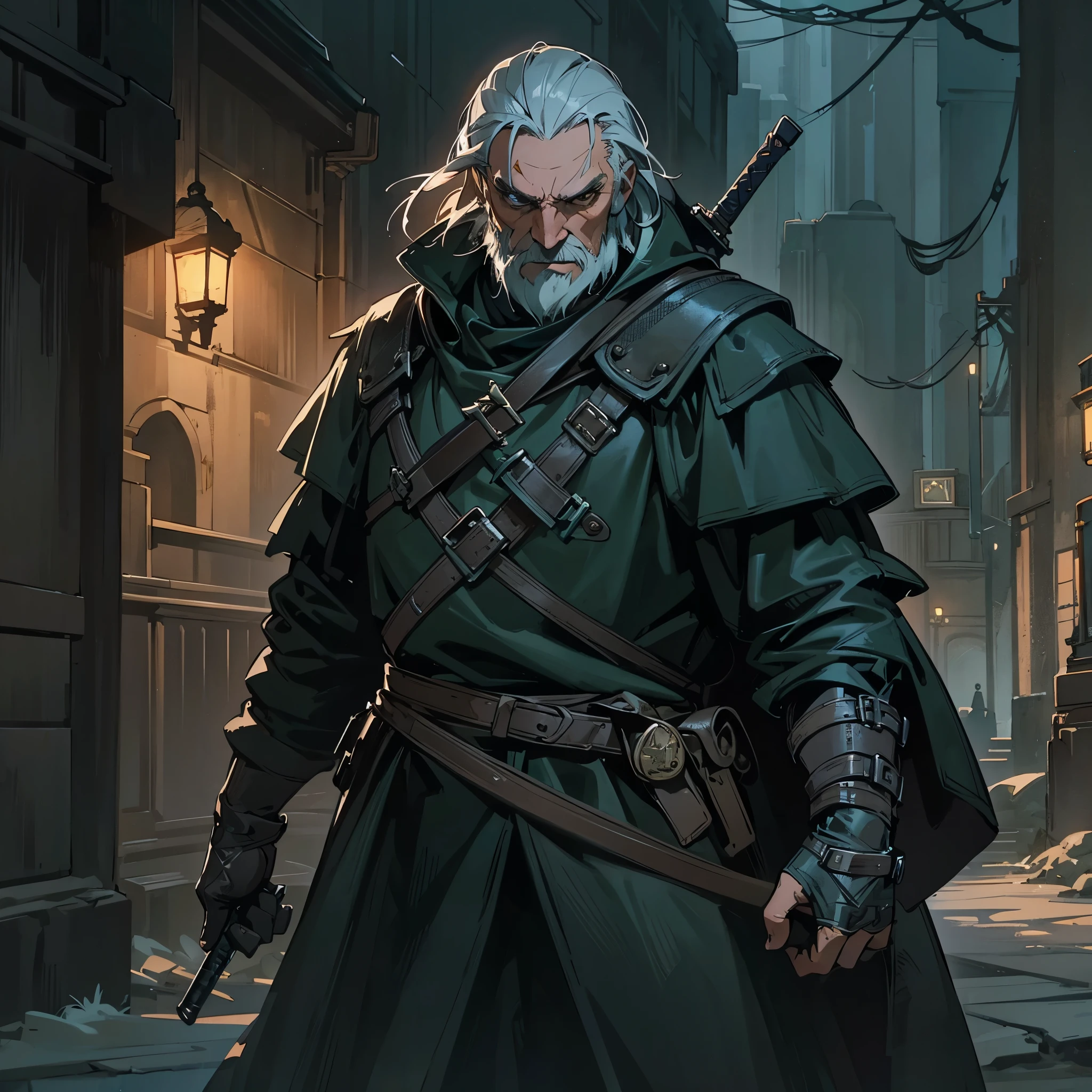 a middle-aged man,European medieval witcher,in the dark night,Wearing a black night coat,Carrying a large sword behind his back,There's a gun stuck in his waist,Walking on a deserted street。Medium shot composition,full body picture,characters and scenes,Game concept art style,Anime illustration style,watercolor style,Marker style,high-definition,4k。