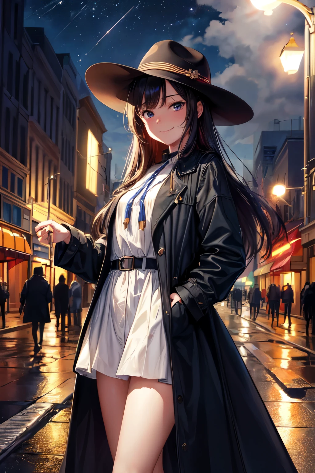 (masterpiece, ultra high res, best quality:1.1), (flat color), 1girl, solo, teen, cowboy shot, (depth of field:1.5), (night), (long coat), downtown, (street light:1.5), (Fantastic lighting), looking at viewer, black hair, long hair, [smile], (Closed mouth)