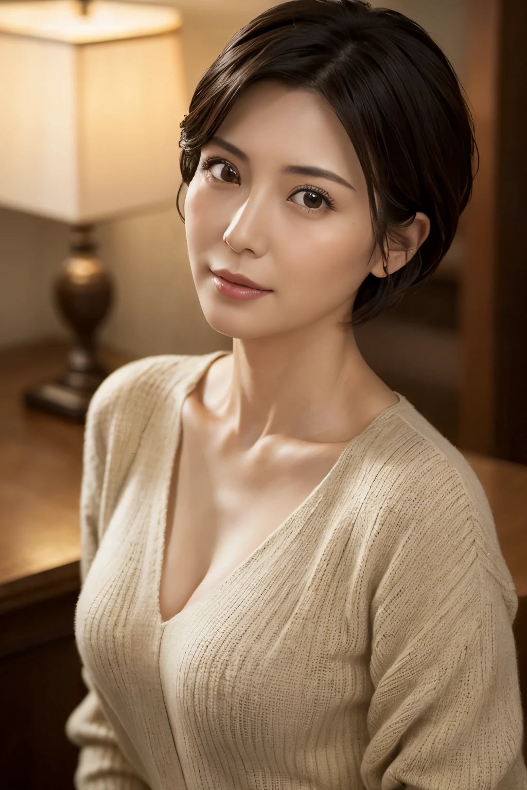 8K, highest quality, masterpiece, realistic, Photoreal, Super detailed, Natural light, Medium chest, I can see the cleavage, 1 Japanese woman, 35 years old, black hair, short hair, (Looking up at the viewer from below), Thin light knit V-neck shirt, highly detailed face and skin, highly detailed eyes, highly detailed face and skin