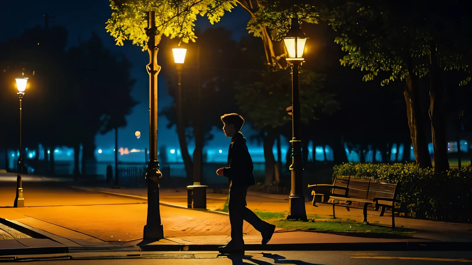 On a clear night，A boy walking in the park。There is a stone chair and a street lamp next to it，The light shines on the boy&#39;s face。The boy remembers every bit of his past，There are no other passersby around，The camera shows the boy&#39;s side body，Pixar style，HD