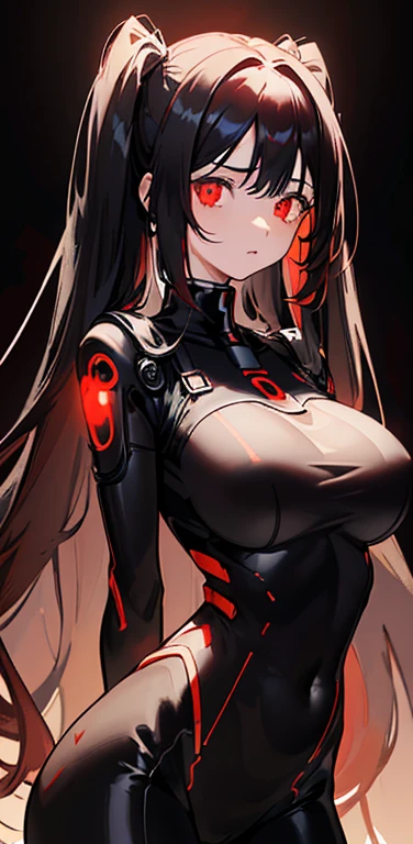 Realistic、1girl、(black hair red hair gradient hair:1.3)、(long hair,low twintails),red eyes、(glowing eyes:1.3)、(leaning forward)、open stance,(arms behind back)、(middle hair),(breast focus:1.3,upper body),(enamel body suit:1.3
)、(clear face:1.3),cute face,(tareme:1.3),(huge breasts:1.3),(dark color background:1.5)